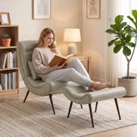 HOMCOM Sillón con Reposapiés Asiento Ancho Cojín Lumbar y Respaldo Curvo Tapizado en Leathaire Patas de Acero Blanco Crema(m-8)