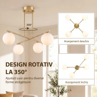 HOMCOM Lampă suspendată cu 4 globuri, înălțime reglabilă, rotire 350°, modernă, din oțel, auriu(m-5)