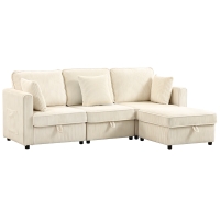 HOMCOM Sofá Chaise Longue de 3 Plazas con Almacenaje y Otomana Reversible de Pana 235x153x85 cm Blanco Crema
