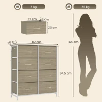 HOMCOM Chest of Drawers, Dresser for Bedroom with 8 Fabric Drawers, Tall Storage Unit w/ Side Storage Bag, Natural Wood Finish(m-3)