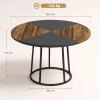 HOMCOM Masă de Dining Rotundă pentru 4-6 Persoane, Blat Bicolor MDF și Metal, 120x120x75 cm, Maro Rustic și Negru(m-3)