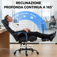HOMCOM Sedia Ufficio Ergonomica Girevole Reclinabile 165° in Pelle PU, Poggiapiedi, Altezza Regolabile, Nero(m-4)