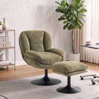 HOMCOM Modern Chenille Lazy Chair with Ottoman, 360° Swivel, Upholstered Reading Seat Set for Living Room, Dark Green(m-14)