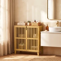 HOMCOM Mobiletto Bagno Stretto in Bambù con Ripiano Regolabile, Naturale(m-6)