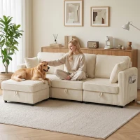 HOMCOM Sofá Chaise Longue de 3 Plazas con Almacenaje y Otomana Reversible de Pana 235x153x85 cm Blanco Crema(m-9)