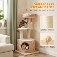 PawHut Arbre à Chat Design Moderne Style Tressé avec Griffoir 4 Niveaux Niche en Massette Perchoir en Jute 87 cm Beige(m-6)