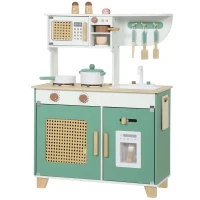 AIYAPLAY Cuisine Enfant en Bois 19 Accessoires, Cafetière, Machine à Glaçons, Micro-Ondes, Placard, 3-6 Ans, 61x27x79,7cm, Vert(m-17)