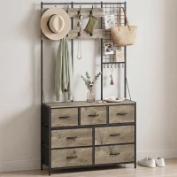 HOMCOM Porte-Manteau 4 en 1, Meuble d'Entrée avec 7 Tiroirs Pliables en Tissu, 14 Crochets et Panneau Grillagé, Gris Effet Bois(m-2)