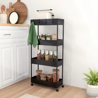 HOMCOM Küchenwagen mit 4 Regalen, 4 flexiblen Haken, 4 Rollen, 40 cm x 19 cm x 90 cm, Nischenwagen, Schwarz(m-10)