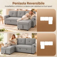 HOMCOM Divano Letto 3 Posti Estraibile con Chaise Longue Contenitore e Cuscini in Tessuto, Grigio(m-6)