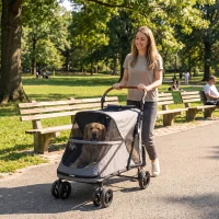 PawHut Carrito para Perros Plegable con un Botón hasta 30 kg con Suspensión en 4 Ruedas Giratorio y Freno de Pie Gris(m-8)