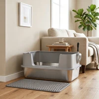 PawHut Bac à litière XL en acier inoxydable, maison de toilette pour grand chat, nettoyage facile 60,2 x 40,2 x 29,5 cm, gris(m-2)