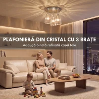 HOMCOM Plafonieră LED din Cristal cu 3 Lumini, Dulii E27, fără Becuri, pentru Living, Argintie(m-4)