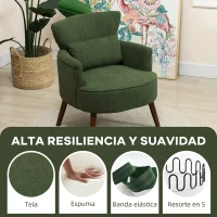 HOMCOM Sillón Relax Sofá Individual de Pana con Cojín Reposabrazos Patas de Madera para Dormitorio Oficina Verde(m-4)