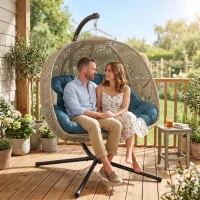 Outsunny Hängesessel mit Gestell, Eiförmiger Hängeschaukel mit abnehmbarem waschbarem Kissen, Hängematte für 2 Personen, Schaukelsessel Indoor Outdoor, Sand+Schwarz(m-9)