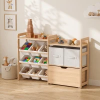 AIYAPLAY Wooden Toy Storage Unit with Rolling Toy Chest, 2 Fabric Drawers, 2 Shelves and 9 Bins for Bedroom, Playroom, Nursery(m-8)