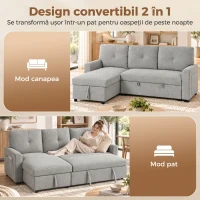 HOMCOM Canapea extensibilă 3 locuri cu șezlong convertibil, spațiu de depozitare, 3 perne, material cu efect de in, gri(m-4)