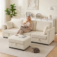 HOMCOM Sofá Chaise Longue de 3 Plazas con Almacenaje y Otomana Reversible de Pana 235x153x85 cm Blanco Crema(m-8)