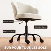 HOMCOM Chaise Bureau en Velours, Chaise Coiffeuse avec Dossier en Pétale, Hauteur Réglable, Fonction Bascule, Crème(m-7)