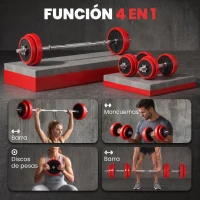 HOMCOM Juego de Mancuernas Ajustables 4 en 1 20 kg como Barra, Mancuernas, con 8 Discos 2 Barras y Biela Ajustable para Entrenamiento de Fuerza, Levantamiento de Pesas, Hogar, Gimnasio, Oficina(m-4)