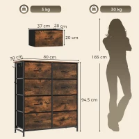HOMCOM Chest of Drawers, Dresser for Bedroom with 8 Fabric Drawers, Tall Storage Unit w/ Side Storage Bag, Rustic Brown(m-3)