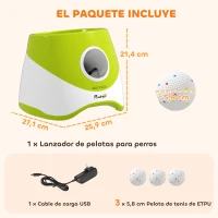 PawHut Lanzador de Pelotas para Perros Automático con 3 Pelotas ETPU Distancias Ajustables 6/10/14m Juguete Interactivo Verde(m-3)