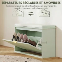 HOMCOM Banc à chaussures avec coussin d'assise rembourré et tiroir rabattable pour couloir, chambre, 80 x 26 x 47,5 cm, vert(m-6)