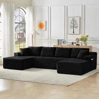 Modulares U-förmiges rahmenloses Cordsofa，mit tiefem Sitzdesign, geeignet für Wohnzimmer, 339L x 168B x 64H cm, Schwarz(m-5)