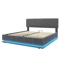 Modernes, gepolstertes Bett misst 160 x 200 cm, ausgestattet mit LED-Lichtern und USB-C-Lade, verstellbarer Kopfteilhöhe, stabilem gestreiftem Bettrahmen, 161L x 207B x 102/107/112H cm, Dunkelgrau(m-7)