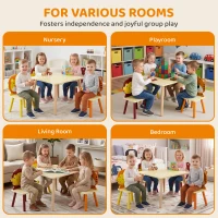 AIYAPLAY Ensembl Table pour Enfant avec 4 Chaises 5 Pièces en Bois, Dossier en Forme Animale, Coins Arrondis, 3-8 Ans, Jaune(m-9)