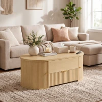 HOMCOM Ovaler hochklappbarer Couchtisch, Verstecktes Fach, Gerillte Schublade, Schiebetüren und Seitenschränke, 100x50x40cm, Eiche(m-5)