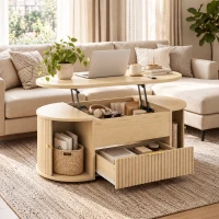 HOMCOM Ovaler hochklappbarer Couchtisch, Verstecktes Fach, Gerillte Schublade, Schiebetüren und Seitenschränke, 100x50x40cm, Eiche(m-6)