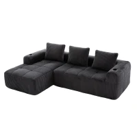 Cord-Kombinationssofa mit 3 Kissen, Seitentaschen und Getränkehaltern, 253L x 158B x 61H cm, Dunkelgrau(m-10)