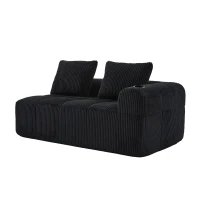 Bequemes Cordsofa mit zwei Sitzern, seitliche Aufbewahrungstasche für Fernbedienung und Handy, eingebauter Getränkehalter, 158X93X61 cm, Schwarz(m-7)
