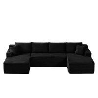 Modulares U-förmiges rahmenloses Cordsofa，mit tiefem Sitzdesign, geeignet für Wohnzimmer, 339L x 168B x 64H cm, Schwarz(m-1)