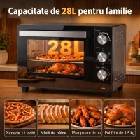 HOMCOM Cuptor Electric 1500W 28L cu Temperatură Reglabilă până la 230°C, Timer 60 min, Grătar, Tavă și Mâner pentru Tavă(m-5)