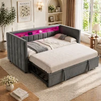 Multifunktionales Schlafsofa 90.5x190.5 cm, mit ausziehbarem Bett, USB-Typ-C-Anschluss und LED-Beleuchtung, 201L x 100-192B x 73H cm, Dunkelgrau(m-2)