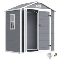 Outsunny 6x4.5ft Garden Storage Shed, Lockable Shed for Small Terraced Gardens with Double Doors, Window, Vent and Plastic Roof, Low Maintenance, Grey(m-19)