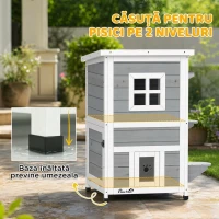 PawHut Căsuță pentru Pisici din Lemn Impermeabilă, cu 2 Niveluri și Acoperiș Rabatabil, 51 x 51 x 81,3 cm, Gri(m-5)