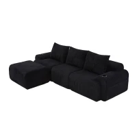 Modulares Cordsofa für drei Personen (inklusive Fußschemel), frei kombinierbar, ausgestattet mit Getränkehaltern und seitlichen Aufbewahrungstaschen, 268L x 174B x 80H cm, Schwarz(m-9)
