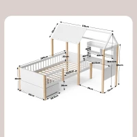 90 x 200 cm Klappbett, L-förmiger Schreibtisch und Bücherregal, Schublade mit Rädern, 205L x 178B x 126 cm, Weiß(m-3)