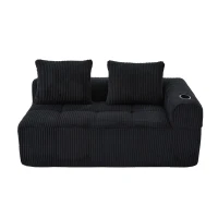 Bequemes Cordsofa mit zwei Sitzern, seitliche Aufbewahrungstasche für Fernbedienung und Handy, eingebauter Getränkehalter, 158X93X61 cm, Schwarz(m-6)