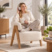 HOMCOM Fauteuil de salon en tissu bouclette, chaise rembourrée, assise large, dossier ergonomique, 70 x 64 x 71 cm, blanc(m-7)