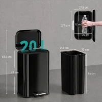 HOMCOM 20 L Kitchen Pedal Bin, Metal Rubbish Bin with Removable Inner Bucket, Soft-Close & Stay-Open Lid, High Gloss Black(m-3)