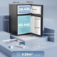 HOMCOM Mini Réfrigérateur Congélateur 90 L, Petit Frigo Compact Silencieux, 2 Portes Réversibles, Thermostat Réglable, Noir(m-3)