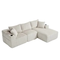 Modulares Sofaset mit Liegestühlen und Doppelbetten, 5 Kissen und 2 Getränkehaltern， 257×160×62 cm, Beige(m-9)