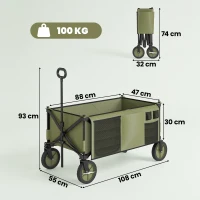 Outsunny Carro Plegable de Transporte con Mango Telescópico Tablero Plegable y 5 Bolsillos para Jardín 108x55x93 cm Verde(m-3)