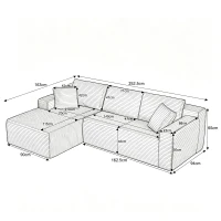 Moduläres L-förmiges 3-Sitzer-Sofa, gefertigt aus atmungsaktivem Stoff und hochwiderstandsfähigem Memory-Schaumstoff, mit abnehmbarer Rückenlehne und Nackenkissen, Maße 252,5L x 163B x 65H cm, Schwarz(m-3)