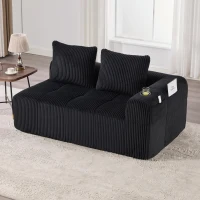 Bequemes Cordsofa mit zwei Sitzern, seitliche Aufbewahrungstasche für Fernbedienung und Handy, eingebauter Getränkehalter, 158X93X61 cm, Schwarz(m-5)