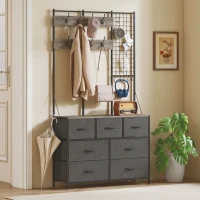 HOMCOM Cuier 4 în 1, Mobilier pentru hol cu 7 sertare pliabile din material textil, 14 cârlige şi panou grilaj, Gri cu efect de lemn(m-6)